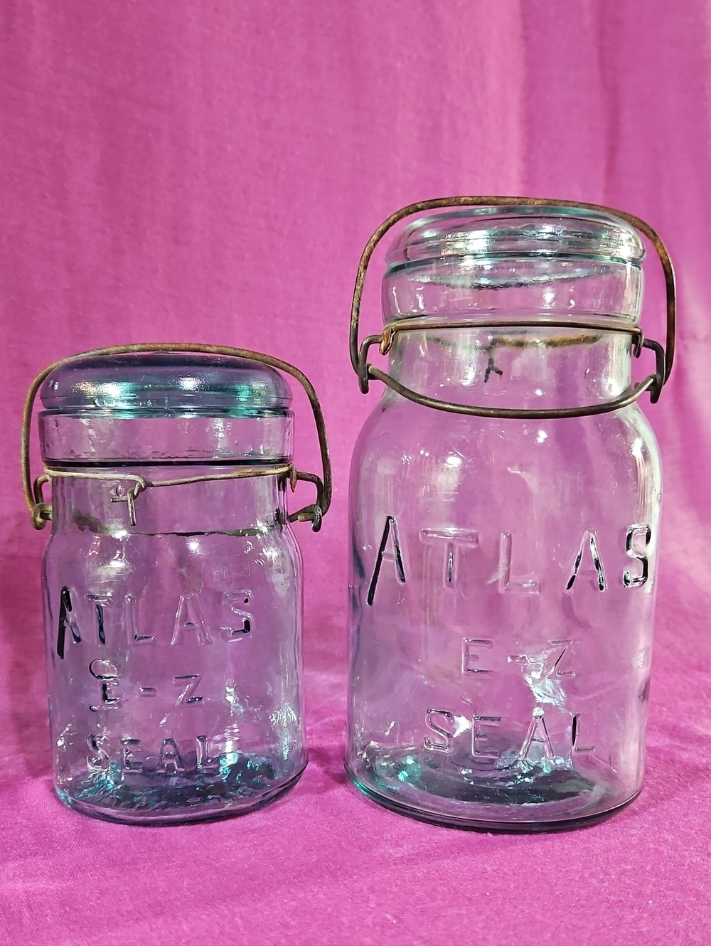 VTG Atlas E-Z Seal Aqua Glass Canning Jars Pint & Quart w/Wire Bail Closure